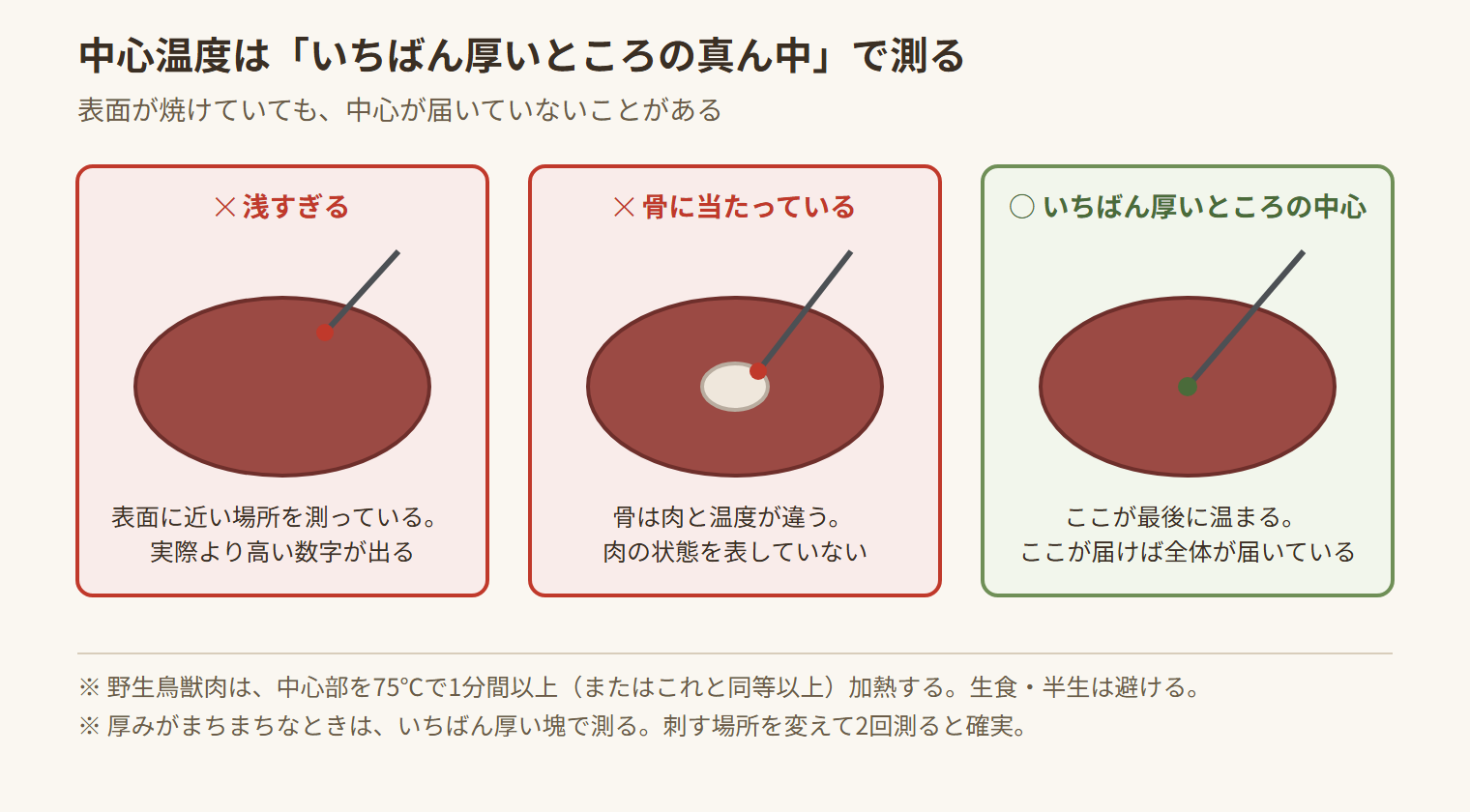 中心温度を測る位置。浅すぎる場合と骨に当たっている場合は正しく測れず、いちばん厚いところの中心で測るのが正しい